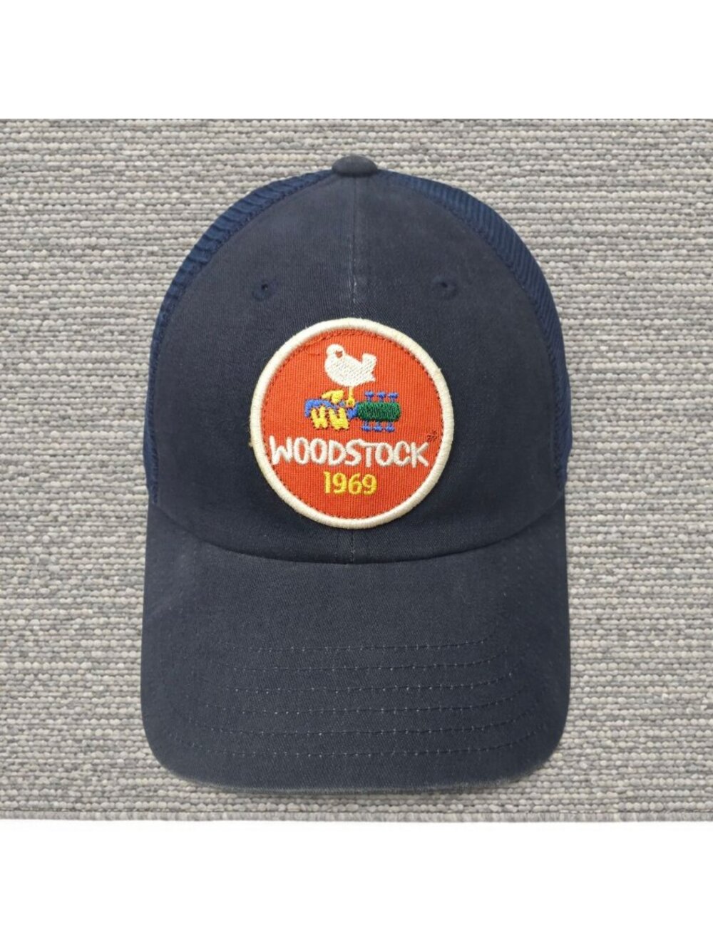 American Needle Woodstock Repop 1969 Patch Trucker Hat Navy Blue Snapback Cap